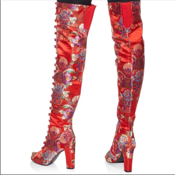 Red Lime Flower Embroidered Over the Knee Boots - Picture 4 of 4